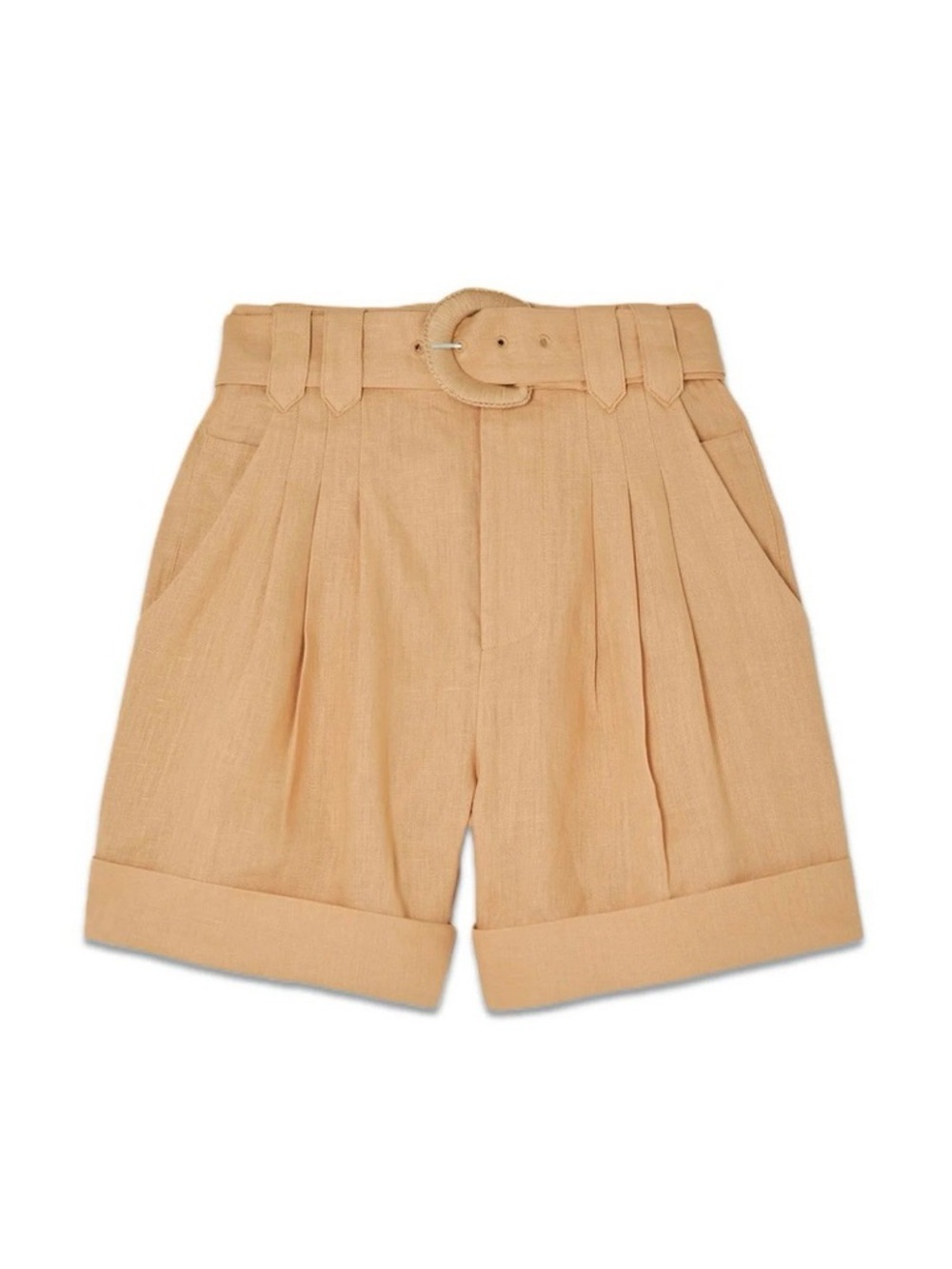 FARM RIO Sand Beige Belted Pleated Linen Shorts, Size LARGE